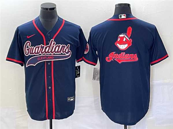 Men%27s Cleveland Guardians Navy Team Big Logo Cool Base Stitched Jersey